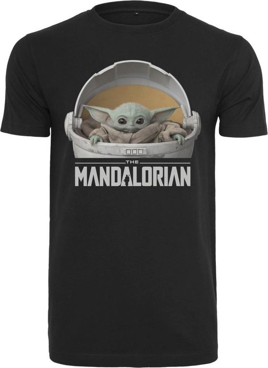 Zwarte T-shirt met Baby Yoda uit The Mandalorian op de voorkant.
