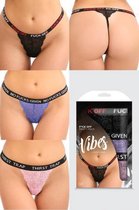 3-Delige Kanten Strings Set Met Tekst - Zwart/Paars/Roze - One Size (S-L 34 - 40)