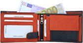 Heren portemonnee 100% Leer - Zwart met Oranje - Compacte Portemonnee - Echt Leer - Billfold Heren