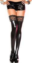 Wetlook Kousen Met Kanten Top - Zwart - One Size (S-L 34 - 40)