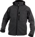 Grijze DASSY softshell werkjas met ritssluiting, capuchon en reflecterende details.