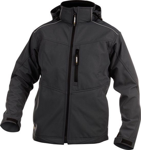Grijze DASSY softshell werkjas met ritssluiting, capuchon en reflecterende details.