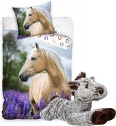 Paarden dekbedovertrek , beige Paard- witte Manen-140x200cm , 100% katoen- 1 persoons- dekbed- slaapkamer, incl. Grote paarden knuffel donker bruin 32 cm.