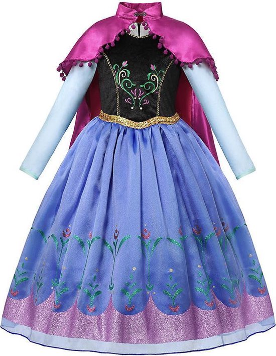 Prinses - Prinses Anna jurk met cape - Prinsessenjurk - Verkleedkleding - Feestjurk - Sprookjesjurk - Blauw - Maat 134/140 (8/9 jaar)