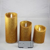 Set van drie Led Kaarsen Goud Glitter op batterijen met bewegende vlam en afstandsbediening