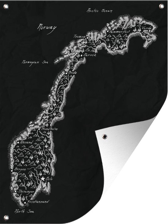 Affiche jardin - Toile jardin - Posters de jardin extérieur - Carte Zwart et blanc des montagnes et plans d'eau de Norvège - 90x120 cm - Jardin