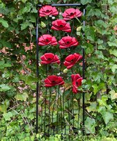 Tuindecoratie - wanddecoratie - muurdecoratie 33x80 cm - metaal - bloemen - klaprozen met raamwerk - rood - groen - zwart