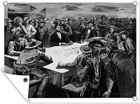 Tuinschilderij Een zwart-witte illustratie van een pokerzaal in 1891 - 80x60 cm - Tuinposter - Tuindoek - Buitenposter