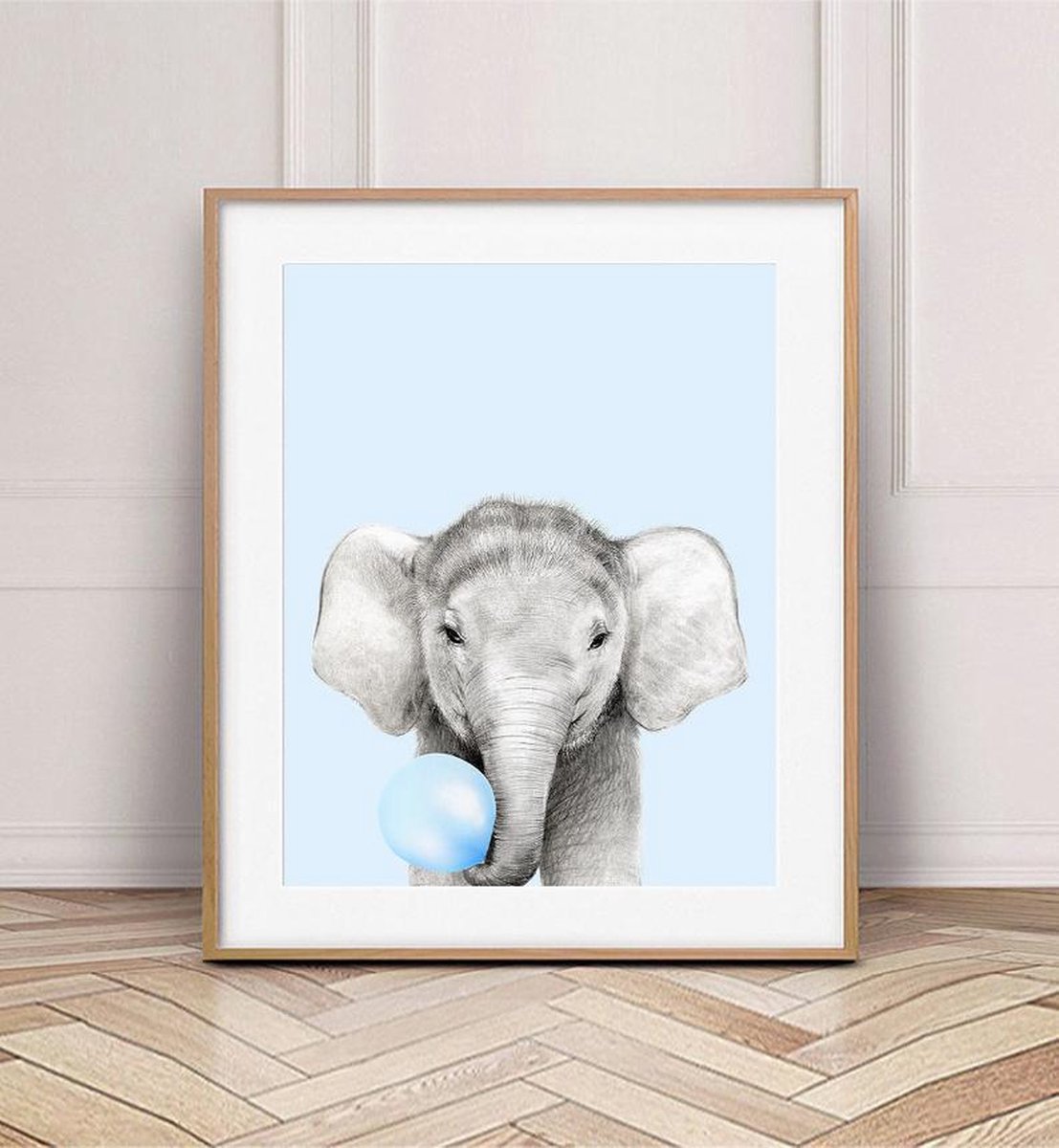 Poster Olifant - Kinderkamer - Babykamer - Bubble gum Blauw 30x21cm - A4