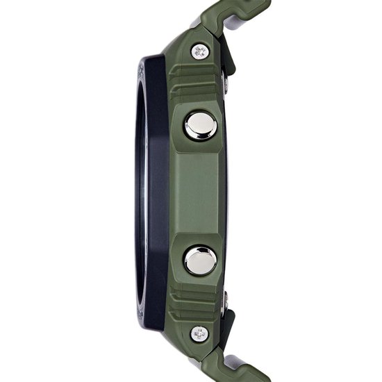 Zijkant van groen G-Shock horloge met knoppen.