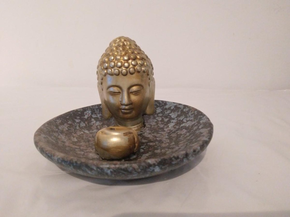 Siddhartha Webshop Wierookhouder Gouden Boeddhahoofd op ronde schaal B12 cm H 8 cm