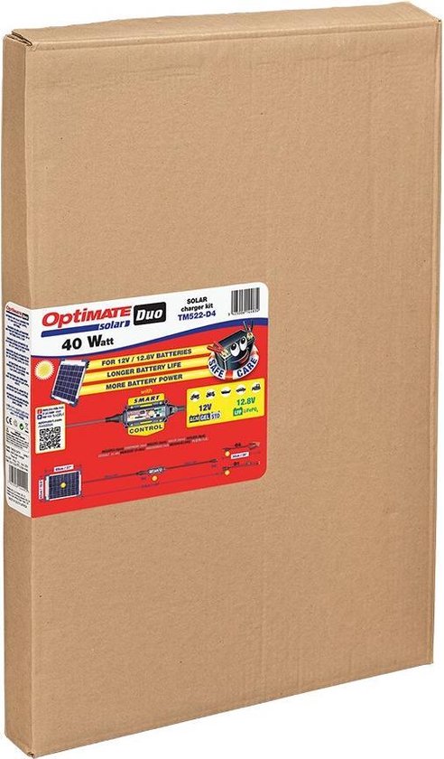 Bruine kartonnen doos met OptiMate Solar 40W label en productspecificaties.