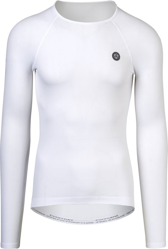Wit thermoshirt met lange mouwen, rond hals, grijs logo en tailleband 'EVERYDAY POLYGIENE'.