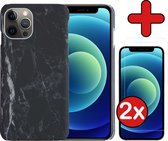 Hoes voor iPhone 12 Pro Max Hoesje Marmer Hardcover Fashion Case Hoes Met 2x Screenprotector - Hoes voor iPhone 12 Pro Max Marmer Hoesje Hardcase Back Cover - Zwart x Wit
