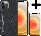 Hoesje Geschikt voor iPhone 12 Pro Max Hoesje Marmer Case Hard Cover Met Screenprotector - Hoes Geschikt voor iPhone 12 Pro Max Case Marmer Hoesje Backcover - Zwart