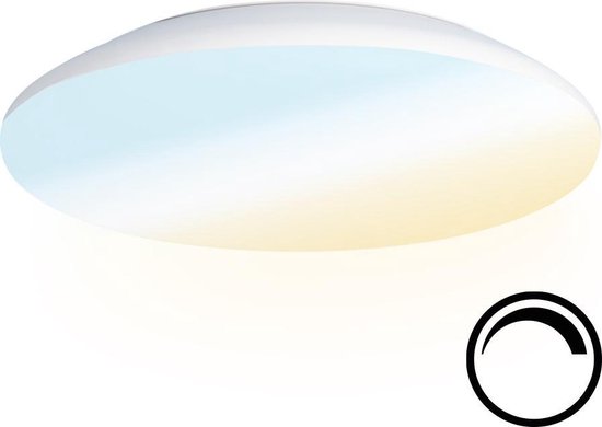 Ovale witte plafondlamp die warm en koel licht uitstraalt. Toont een instelbaarheidsindicator.