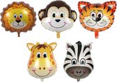 Jungle Dieren ballonnen -Set - XL - 5 stuks - Giraffe - Aap - Tijger - Leeuw - Zebra - 89x78cm - XL - Versiering - Thema feest - Verjaardag - jungle - Dieren - Jungle versiering - Folie Ballon - Ballonnen - Helium ballon - Leeg - Versiering - Jungle