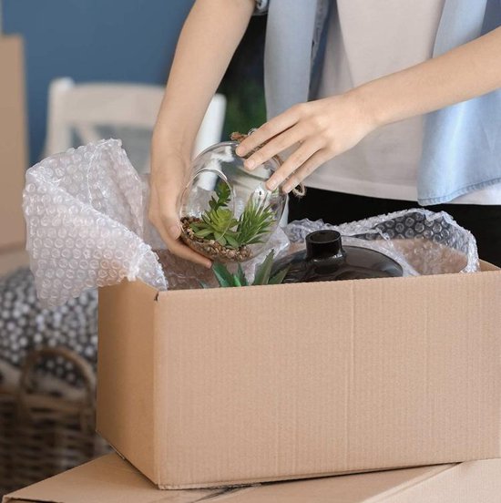 Een vrouw plaatst een glazen terrarium met planten in een verhuisdoos.