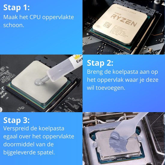 Instructies voor het aanbrengen van koelpasta op een CPU: reinigen, aanbrengen en verspreiden.