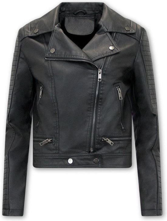 Enos Biker Jacket Imitation Cuir Femmes - AY151- Zwart - Tailles: XL