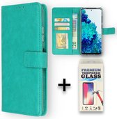HB Hoesje Geschikt voor Samsung Galaxy S21 FE Turquoise & Glazen Screenprotector - Portemonnee Book Case - Kaarthouder & Magneetlipje