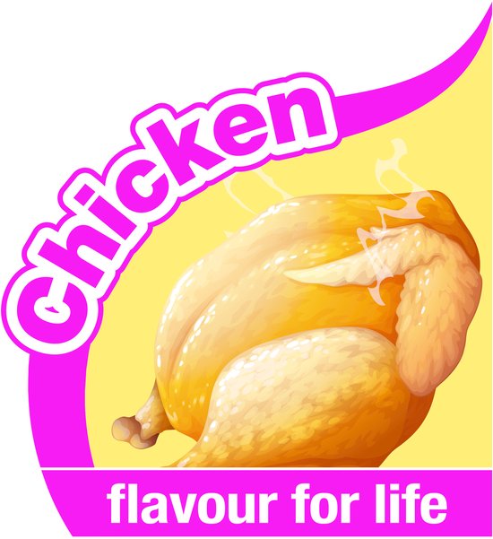 Illustratie van een geroosterde kip met tekst 'Chicken flavour for life'