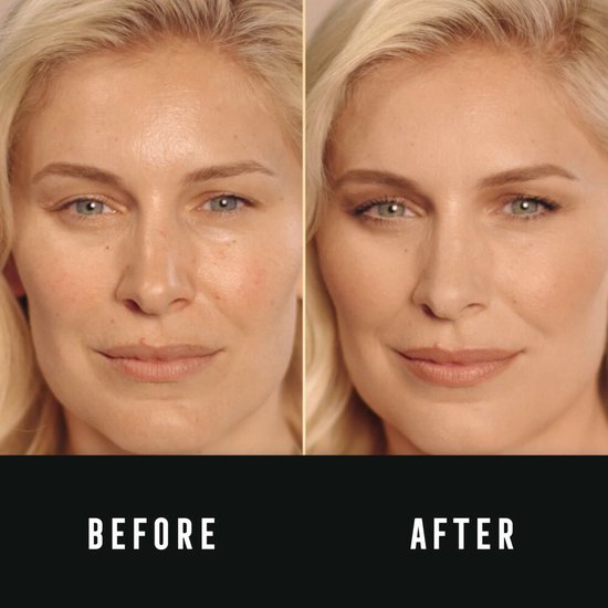 Vergelijking van een vrouw met en zonder Max Factor Miracle Touch foundation. Het 'na' portret toont een egale huid met foundation.