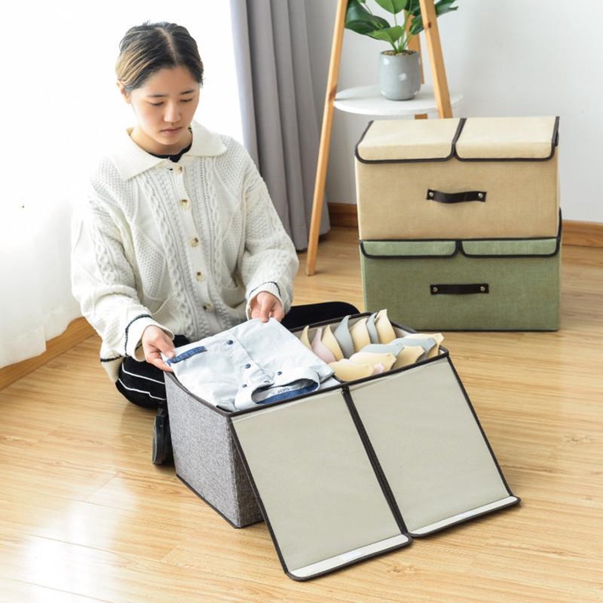 YheenLf Set van 2 opbergdozen onder het bed met deksel, opvouwbare opbergtas, stoffen opbergdozen met handvat, gebruikt voor dekens, kussens, grijs, 60 x 30 x 15 cm