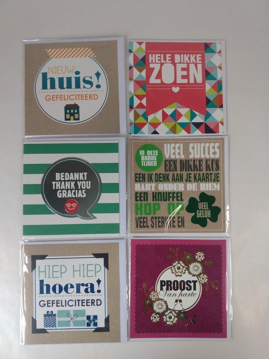 Luxe wenskaarten - 6 stuks - Assorti - 10.8 x 10,8 cm - inclusief envelop - Gefeliciteerd - Bedankt  -Succes - Nieuwe woning- Barre tijden-Dikke zoen - Proost