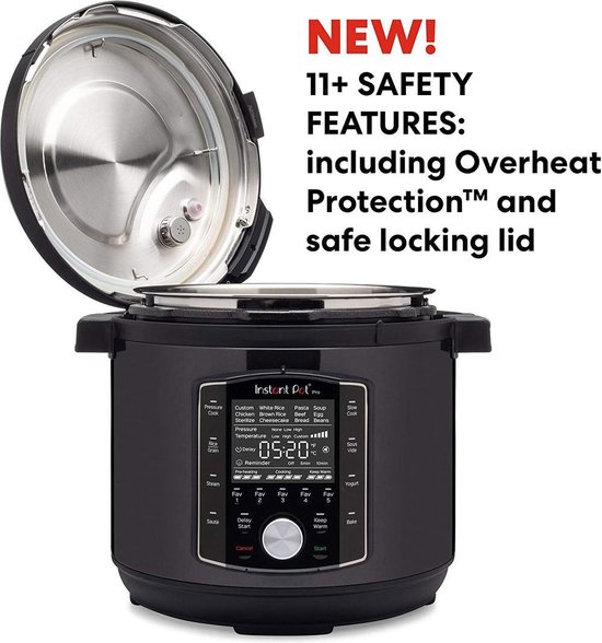 Een zwarte Instant Pot Pro multicooker met het deksel open, de tekst "NEW! 11+ SAFETY FEATURES" staat erop.