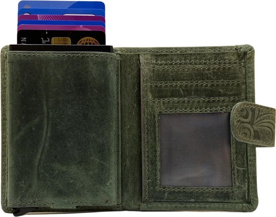 Porte-cartes en cuir avec imprimé floral - Cardprotector - Mini portefeuille - Mini portefeuille - Cuir vert - Porte-cartes de crédit