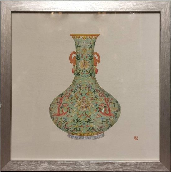 Fine Asianliving Chinees Schilderij met Lijst Chinees Porselein Vaas Mint B35xD3xH35cm