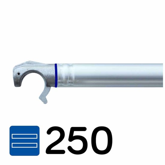 Grijze aluminium rolsteiger horizontale schoor van 250 cm met blauwe markering.