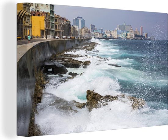 Canvas Schilderij Blauwe oceaangolven in het Cubaanse Havana in Noord-Amerika - 60x40 cm - Wanddecoratie