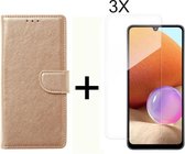 BixB Samsung A32 4G hoesje - Met 3x screenprotector / tempered glass - Book Case Wallet - Goud