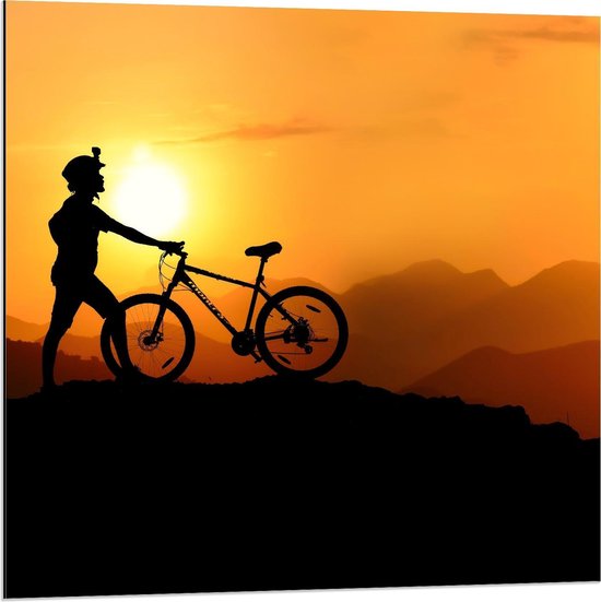 Dibond - Vrouw op Berg met Mountainbike - 80x80cm Foto op Aluminium (Wanddecoratie van metaal)