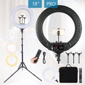 LED Professionele 18 Inch Ringlamp met statief - telefoonhouder en bluetooth afstandsbediening - vlog set - 26 cm/10 inch ringlamp - 210cm (verstelbaar) - USB - TikTok - YouTube - Ringlight -