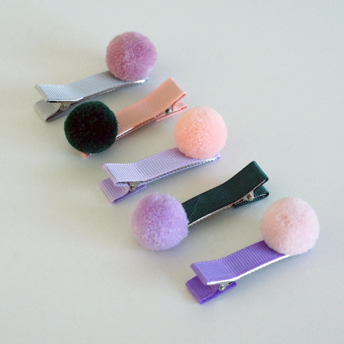 Haarspeldjes meisje - pompom - kind - roze - paars - lila- groen - perzik - 5 stuks - haarclips