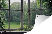 Tuinposter - Tuindoek - Tuinposters buiten - Overwoekerd oud raam - 120x80 cm - Tuin