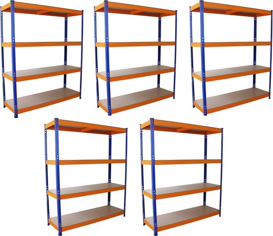 Een set van vijf identieke blauwe stellingkasten met oranje accenten en bruine planken.