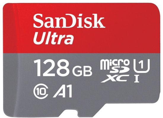 SanDisk Ultra micro SD-kaart, 128 GB, A1, klasse 10, rood en grijs.