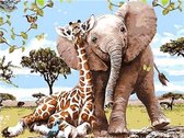 Dielay - Diamond Painting Pakket - Olifant en Giraffe - 40x30 cm - Complete Set - Volledige Bedekking - Ronde Steentjes