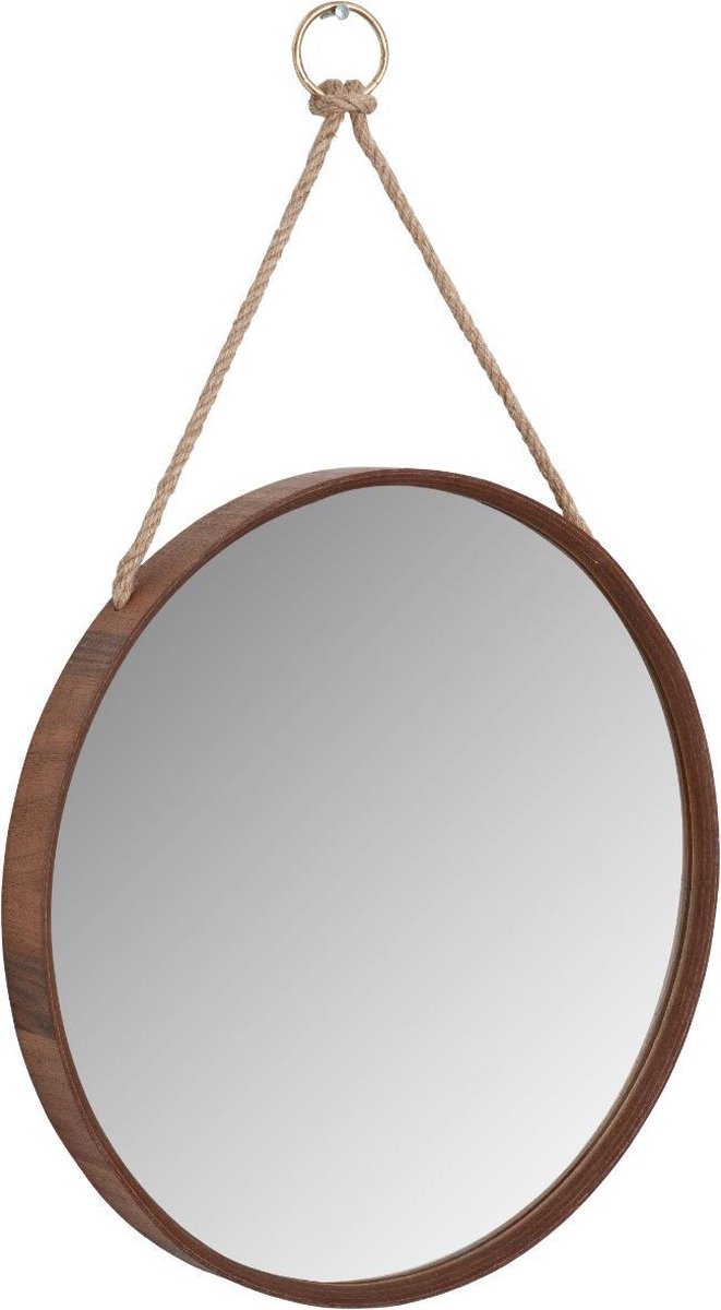 Wandspiegel - Rond - ø50cm - Bruin kleur - Houtenlijst - Linnen ophangriem - Muurdecoratie - 4cmx50cm - Spiegel Wanddecoratie