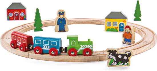 Houten Treinbaan Startersset - BIGJIGS - 20-Delig - Met Rails, Trein en Figuren
