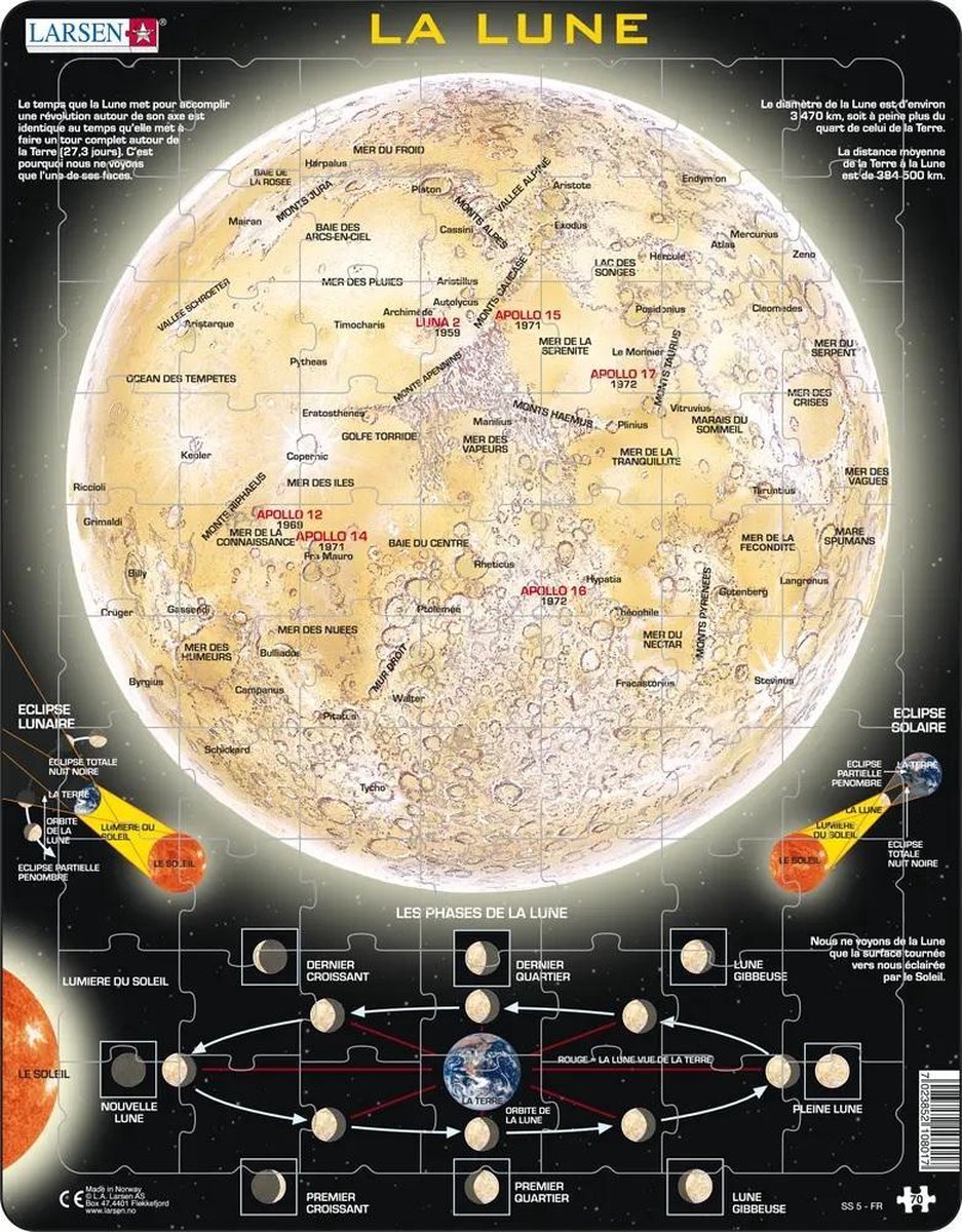 Larsen La Lune – Puzzle – Espace – Lune et Astronomie – Puzzle éducatif pour enfants – 70 pièces – Fabriqué en Norvège – Pièces extra épaisses de 2,5 mm – Plateau avec bord fixe