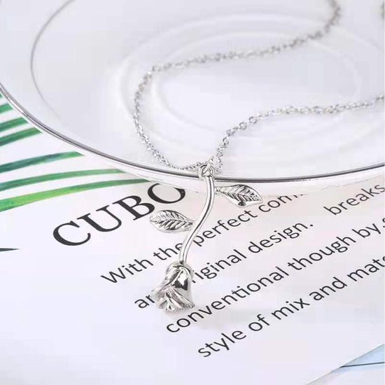 Collier Gading® avec pendentif Rose - Colliers en acier couleur argent pour femme fille - 50+5 cm