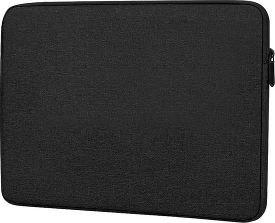 Zwarte laptoptas van textiel met rits en stiksels.