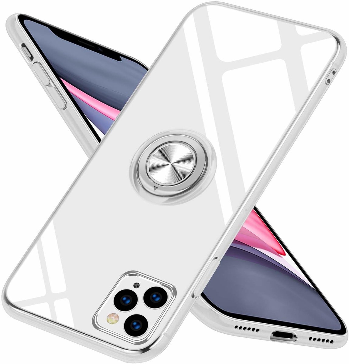 Hoesje Geschikt voor iPhone 11 Pro Luxe Back Hoesje Metale Ring houder - Transparant