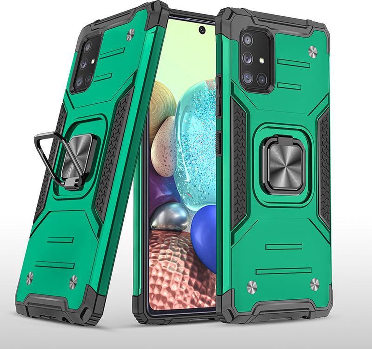 Hoesje Geschikt Voor Samsung Galaxy A71 Hoesje - Heavy Duty Armor hoesje Groen - Galaxy A71 4G silicone TPU hybride hoesje Kickstand ringhouder met Magnetisch Auto Mount