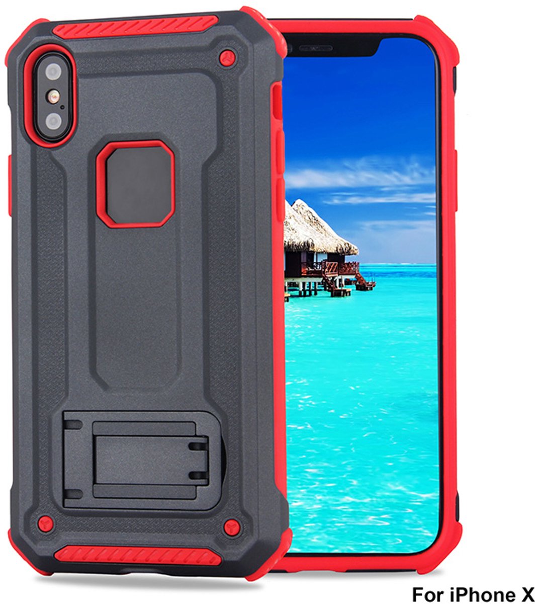 Ntech hoesje Geschikt voor iPhone X / Xs - Armor hoesje met Kickstand Grijs & Rood
